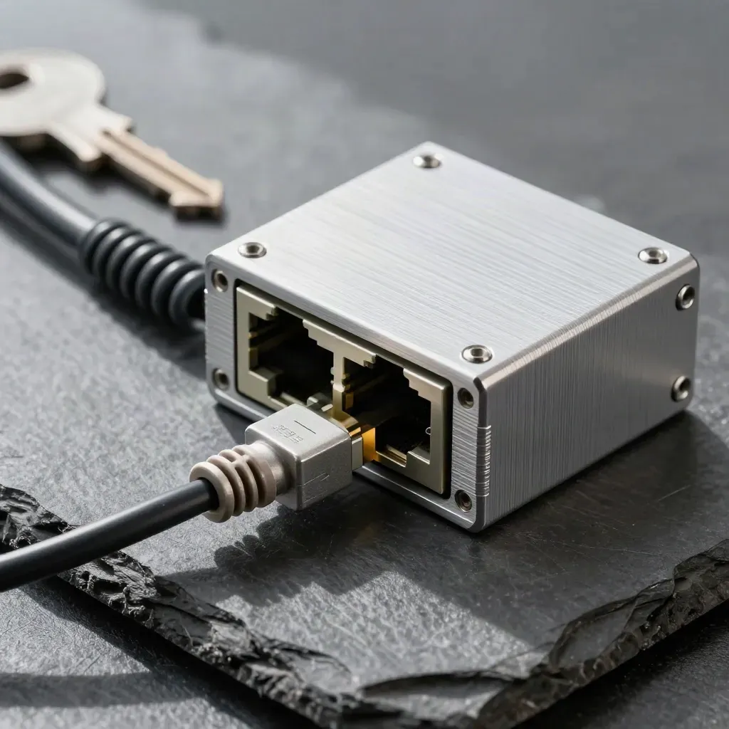Hliníkový patch panel, dva konektory a stočený kabel na tmavém břidlicovém podkladu.