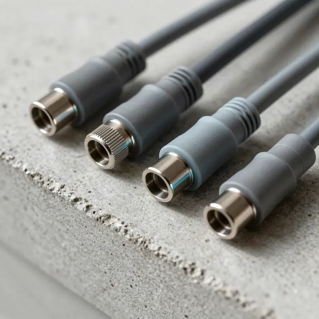 Makro shora: fiber couplery a konektorové díly na broušeném betonu s jemným cyan detailem.