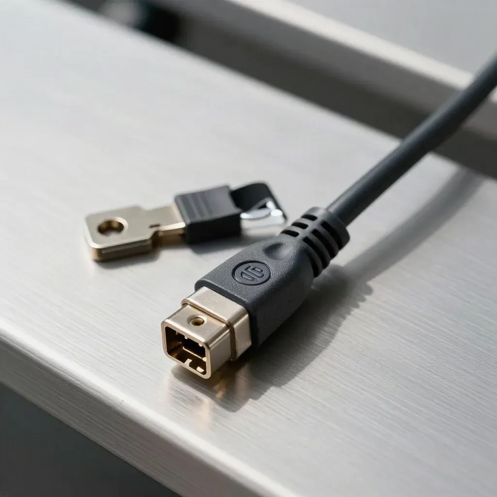 Pravoúhlý adaptér a patch kabel s kovovým držákem na broušeném kovu.
