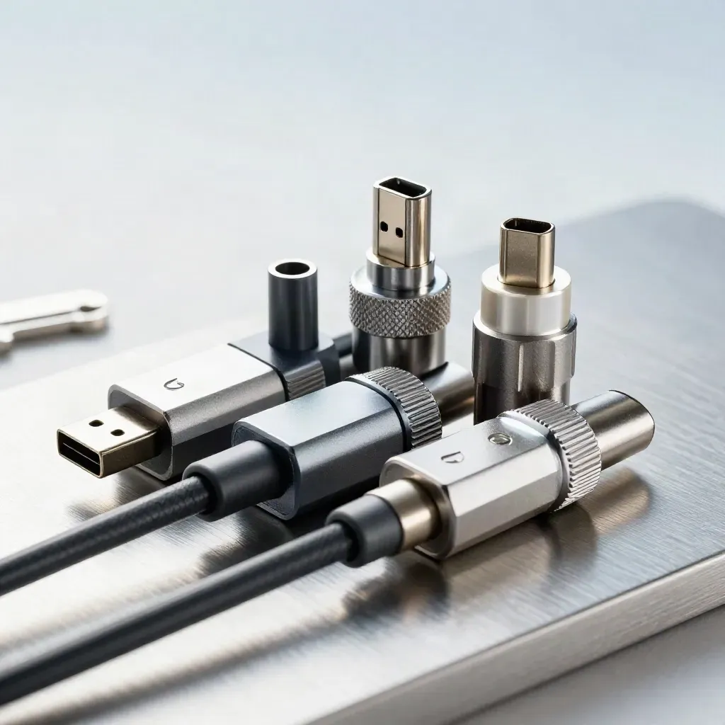Kovové USB-C adaptéry a routovací klipy na hliníkovém podkladu v dramatickém světle.
